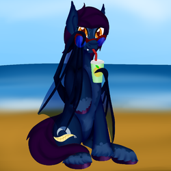 Size: 900x900 | Tagged: safe, artist:bevendre, oc, oc only, oc:midnight oil, bat pony, pony, bat pony oc, bendy straw, drinking straw, smoothie, solo, straw, sunglasses, transparent wings, wing claws, wing hands