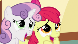 Size: 1920x1090 | Tagged: safe, screencap, apple bloom, sweetie belle, earth pony, pony, g4, the cutie mark chronicles