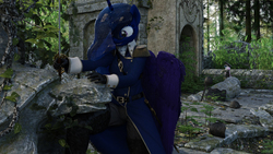 Size: 2000x1125 | Tagged: safe, artist:jawolfadultishart, princess flurry heart, princess luna, anthro, plantigrade anthro, g4, 3d, adventure, boots, fun, hat, helmet, holster, jewelry, journey, overcoat, oversized hat, regalia, ruins, shield, story included, sword, the fun has been doubled, thigh boots, weapon