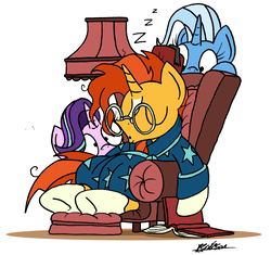 Size: 1583x1489 | Tagged: safe, artist:bobthedalek, starlight glimmer, sunburst, trixie, pony, unicorn, g4, armchair, bathrobe, book, chair, clothes, female, fez, hat, incoming prank, lamp, mare, robe, simple background, sleeping, soon, this will not end well, trio, up to no good, white background, zzz