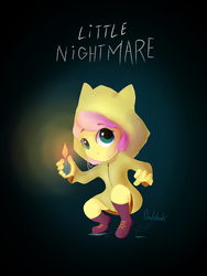 Size: 1200x1600 | Tagged: safe, artist:0ndshok, fluttershy, human, anthro, plantigrade anthro, g4, clothes, cosplay, costume, crouching, female, humanized, lighter, little nightmares, raincoat, six (little nightmares), solo