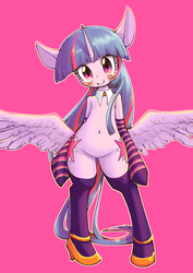 Size: 1447x2039 | Tagged: safe, artist:unousaya, twilight sparkle, alicorn, pony, semi-anthro, g4, adorasexy, arm hooves, belly button, bipedal, blushing, both cutie marks, butt wings, clothes, cute, female, gloves, high heels, looking at you, mare, sexy, shoes, simple background, smiling, socks, solo, spread wings, stockings, striped socks, thigh highs, twilight sparkle (alicorn), wings
