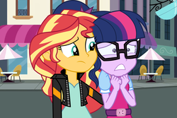 Size: 6000x4000 | Tagged: safe, artist:spottedlions, sci-twi, sunset shimmer, twilight sparkle, dance magic, equestria girls, equestria girls specials, g4, absurd resolution, chair, clothes, cup, duo, female, glasses, jacket, leather jacket, lesbian, ship:sci-twishimmer, ship:sunsetsparkle, shipping, table, teacup, umbrella