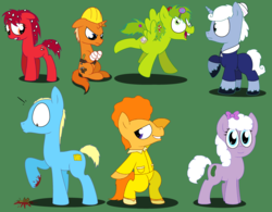 Size: 3572x2780 | Tagged: safe, artist:pupster0071, mouse, pegasus, pony, snail, unicorn, amputee, blood, disco bear, flaky, green background, handy, happy tree friends, high res, lammy, lumpy (happy tree friends), nutty (happy tree friends), ponified, simple background, truffles