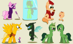 Size: 4584x2796 | Tagged: safe, artist:pupster0071, alicorn, changeling, earth pony, pony, unicorn, bondage, brown background, buddhist monkey, cro-marmot, cub, encasement, flower, frozen, happy tree friends, high res, lifty, ninja, ponified, pop, shifty, simple background, the mole