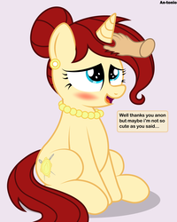 Size: 3600x4500 | Tagged: safe, artist:an-tonio, derpibooru exclusive, oc, oc only, oc:golden brooch, pony, unicorn, absurd resolution, blushing, collar, cute, disembodied hand, ear piercing, earring, female, hand, implied anon, jewelry, mare, necklace, ocbetes, pearl necklace, petting, piercing, sitting, solo