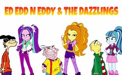Size: 700x430 | Tagged: safe, artist:mariopiequevedod, adagio dazzle, aria blaze, sonata dusk, equestria girls, g4, bracelet, clothes, crossover, double d, ed (ed edd n eddy), ed edd n eddy, edd, eddy (ed edd n eddy), fingerless gloves, gloves, hand on hip, jewelry, pendant, sparkles, spikes, the dazzlings