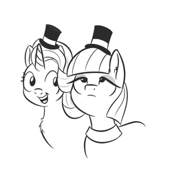 Size: 1280x1280 | Tagged: safe, artist:yakoshi, maud pie, starlight glimmer, earth pony, pony, g4, black and white, grayscale, hat, monochrome, open mouth, simple background, smiling, top hat, white background