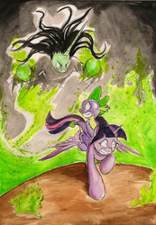 Size: 2424x3506 | Tagged: safe, artist:souleatersaku90, spike, twilight sparkle, oc, oc:blackcraft, alicorn, dragon, pony, g4, chase, fire, high res, magic, scared, spread wings, traditional art, twilight sparkle (alicorn), wings