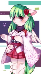 Size: 750x1334 | Tagged: safe, artist:nitrogenowo, oc, oc only, oc:rose heart, pegasus, pony, semi-anthro, clothes, female, floppy ears, flower, flower in hair, kimono (clothing), looking at you, mare, mask, requested art, rose, solo