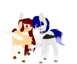 Size: 1024x860 | Tagged: safe, artist:php146, oc, oc only, oc:kurai chinmoku, oc:yeri, bat pony, pegasus, pony, blushing, chest fluff, colored hooves, cute, duo, eye clipping through hair, female, looking at you, male, mare, simple background, smiling, stallion, transparent background