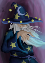 Size: 2480x3508 | Tagged: safe, artist:sgrayda, star swirl the bearded, human, g4, beard, clothes, facial hair, hat, hidden eyes, high res, horn wand, humanized, magic wand, male, solo, wizard hat, wizard robe