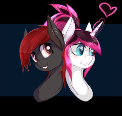 Size: 2100x2000 | Tagged: safe, artist:chapaevv, oc, oc only, oc:comet stike, oc:spiral night, pony, blushing, bust, female, heart, high res, lipstick, piercing