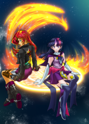 Size: 1600x2222 | Tagged: safe, artist:mauroz, sunset shimmer, twilight sparkle, human, phoenix, g4, clothes, duo, evening gloves, female, fingerless gloves, gloves, humanized, jacket, long gloves, looking at you, looking back, magic, magic circle, magical girl, sitting, smiling, twilight sparkle (alicorn)