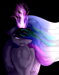 Size: 1299x1647 | Tagged: safe, artist:beyondtheillusion, princess celestia, alicorn, pony, g4, chest fluff, crying, ethereal mane, female, flowing mane, glowing horn, gritted teeth, hair over one eye, horn, mare, solo