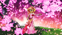 Size: 1276x715 | Tagged: safe, artist:sarahmyriacarter, sunset shimmer, equestria girls, g4, beautiful, clothes, dress, female, flower, pink, scenery, solo, tree