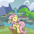 Size: 1024x1024 | Tagged: safe, artist:yoshimarsart, angel bunny, fluttershy, bird, pony, fluttershy leans in, g4, my little pony: friendship is magic, eyes closed, smiling, sweet feather sanctuary, walking, watermark