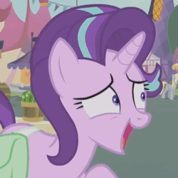 Size: 512x512 | Tagged: safe, screencap, derpy hooves, starlight glimmer, pony, unicorn, g4, rock solid friendship, animated, cropped, female, gif, laughing, nervous laugh