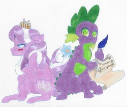 Size: 673x566 | Tagged: safe, artist:frozensoulpony, diamond tiara, spike, dragon, earth pony, pony, g4, blushing, checklist, crack shipping, female, flower, male, mare, older, quill, ship:spiketiara, shipping, straight, traditional art