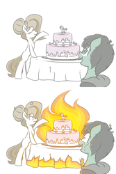 Size: 800x1200 | Tagged: safe, artist:dsp2003, artist:lalieri, oc, oc only, oc:brownie bun, oc:tjpones, earth pony, pony, birthday cake, cake, clothes, collaboration, comic, crying, female, fire, flat colors, food, food on fire, hair on fire, happy, how, male, mare, open mouth, stallion, starry eyes, this will end in pain, this will end in tears, wingding eyes