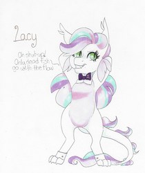 Size: 573x683 | Tagged: safe, artist:frozensoulpony, oc, oc only, oc:lacy, dracony, hybrid, pony, bipedal, interspecies offspring, offspring, parent:diamond tiara, parent:spike, parents:spiketiara, solo, talking to viewer