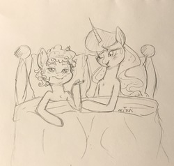 Size: 2174x2067 | Tagged: safe, artist:ameliacostanza, princess luna, oc, oc:glitch, pony, g4, afterglow, aftersex, bed, canon x oc, cigarette, female, high res, male, mare, monochrome, one eye closed, pillow, smoking, stallion, straight, traditional art