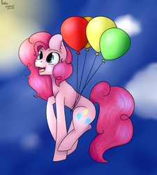 Size: 2806x3115 | Tagged: safe, artist:artistwolfy, pinkie pie, earth pony, pony, g4, balloon, female, floating, happy, high res, solo, then watch her balloons lift her up to the sky