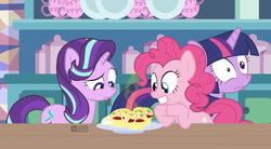 Size: 1000x550 | Tagged: safe, artist:dm29, pinkie pie, starlight glimmer, twilight sparkle, alicorn, pony, g4, rock solid friendship, jalapeno red velvet omelette cupcakes, twilight sparkle (alicorn)