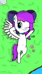 Size: 540x960 | Tagged: dead source, safe, artist:php142, oc, oc only, oc:lavanda, pony, accessory, bow, ear piercing, earring, jewelry, looking at you, lying, on back, one eye closed, piercing, solo, wink