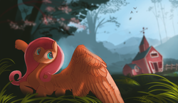 Size: 6841x3960 | Tagged: safe, artist:auroriia, fluttershy, pegasus, pony, g4, absurd resolution, barn, female, grass, looking back, mare, scenery, solo, tree