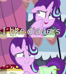 Size: 1256x1406 | Tagged: safe, edit, edited screencap, screencap, starlight glimmer, pony, unicorn, g4, rock solid friendship, diaper fetish, discovery family logo, female, fetish, image macro, meme, non-baby in diaper, shrunken pupils, solo, starlight's confessions, sweat