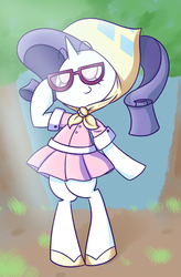 Size: 1171x1781 | Tagged: safe, artist:typhwosion, rarity, unicorn, semi-anthro, g4, sleepless in ponyville, bipedal, camping outfit, clothes, cute, eyes closed, female, headscarf, hind legs, mare, raribetes, scarf, smiling, solo, sunglasses