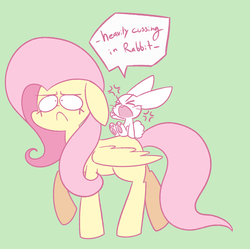 Size: 1255x1251 | Tagged: safe, artist:typhwosion, angel bunny, fluttershy, pegasus, pony, rabbit, g4, angel is a bunny bastard, animal, duo, floppy ears, green background, simple background, swearing, walking