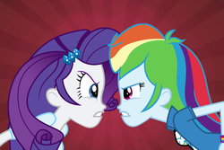 Size: 6000x4000 | Tagged: safe, artist:spottedlions, rainbow dash, rarity, equestria girls, g4, absurd resolution, angry, argument, breasts, clothes, duo, female, hand on hip, looking at each other, multicolored hair, shirt, teenager, top, wristband