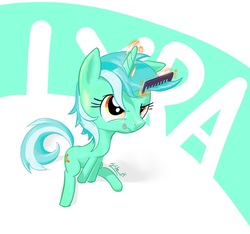 Size: 1492x1397 | Tagged: safe, artist:soshyqqq, lyra heartstrings, pony, unicorn, g4, :p, comb, cute, female, glare, levitation, magic, mare, raised eyebrow, signature, sitting, solo, telekinesis, tongue out