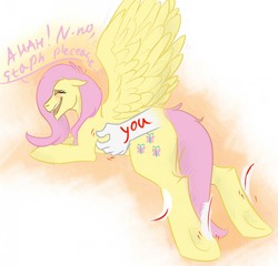 Size: 1280x1231 | Tagged: safe, artist:granatrix, fluttershy, pony, g4, (you), digital art, feather, fetish, hand, hoof tickling, laughing, simple background, tickle fetish, tickling, ticklish hooves, underhoof