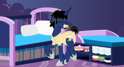 Size: 1024x559 | Tagged: safe, artist:evilfrenzy, oc, oc only, oc:frenzy, pony, adult foal, crib, diaper, male, non-baby in diaper, onesie, pacifier, poofy diaper, solo