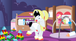 Size: 1024x559 | Tagged: safe, artist:evilfrenzy, oc, oc only, oc:cushy tooshie, pony, unicorn, adult foal, baby bottle, bonnet, booties, building blocks, crib, diaper, male, non-baby in diaper, pacifier, solo, stallion