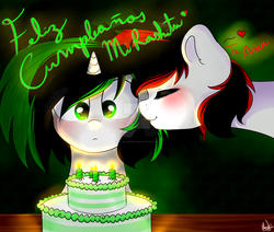 Size: 1600x1354 | Tagged: safe, artist:bl--blacklight, oc, oc only, oc:litch, oc:ray scratch, pegasus, pony, unicorn, birthday, cake, candle, female, food, kissing, mare, ritch, spanish, watermark