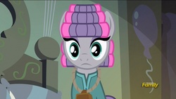 Size: 1920x1080 | Tagged: safe, screencap, maud pie, earth pony, pony, g4, rock solid friendship, bell, cowbell, discovery family logo, female, hair curlers, irrational unexuberance, pie sisters pajamas, shocked, solo