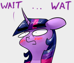 Size: 1191x1021 | Tagged: safe, artist:underpable, twilight sparkle, pony, g4, blushing, eyebrows, female, floppy ears, pinpoint eyes, reaction image, shocked, solo, wait what, wat, woonoggles