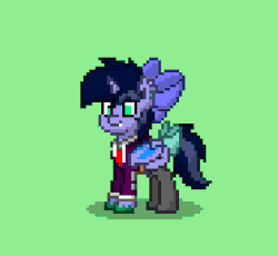 Size: 835x767 | Tagged: dead source, safe, artist:php142, oc, oc only, oc:purple flix, bat pony, pony, pony town, accessory, animated, blushing, bow, clothes, ear piercing, earring, gif, jewelry, male, piercing, shocked, solo, stallion