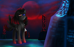 Size: 1312x834 | Tagged: dead source, safe, artist:lunaritass, oc, oc only, oc:cryonagemoon, pegasus, pony, blood moon, female, heterochromia, mare, moon, night, solo