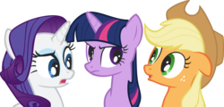 Size: 4998x2396 | Tagged: safe, artist:greseres, applejack, rarity, twilight sparkle, earth pony, pony, unicorn, g4, frown, high res, looking at each other, open mouth, simple background, transparent background, unicorn twilight, vector