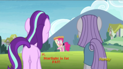 Size: 1920x1080 | Tagged: safe, edit, edited screencap, screencap, maud pie, starlight glimmer, earth pony, pony, g4, rock solid friendship, discovery family logo, op is a duck, op is trying to start shit, pizza head