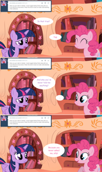 Size: 1280x2168 | Tagged: safe, artist:hakunohamikage, pinkie pie, twilight sparkle, alicorn, pony, ask-princesssparkle, g4, ask, eyes closed, golden oaks library, smiling, tumblr, twilight sparkle (alicorn)