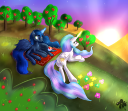 Size: 2300x2000 | Tagged: safe, artist:katakiuchi4u, princess celestia, princess luna, alicorn, pony, g4, duo, female, food, glowing horn, grass, high res, hill, horn, mare, missing accessory, popcorn, relaxing, royal sisters, sunrise, sweet apple acres, tree