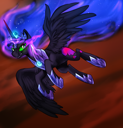 Size: 1536x1600 | Tagged: dead source, safe, artist:not-ordinary-pony, king sombra, nightmare moon, alicorn, pony, g4, corrupted, crown, dark magic, fangs, female, flying, fusion, jewelry, magic, mare, regalia, slit pupils, smiling, solo, sombra eyes