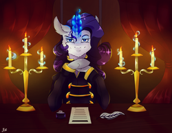 Size: 2269x1762 | Tagged: safe, artist:mirtalimeburst, rarity, pony, unicorn, the count of monte rainbow, g4, alternate hairstyle, candle, chandelier, crossover, feather, female, ink, looking at you, magic, mare, paper, quill, rarifort, solo, the count of monte cristo, villefort