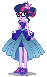 Size: 2200x3600 | Tagged: safe, artist:mixiepie, sci-twi, twilight sparkle, equestria girls, g4, my little pony equestria girls: legend of everfree, bare shoulders, clothes, crystal gala, crystal gala dress, dress, female, flower, flower in hair, glasses, high res, open mouth, simple background, sleeveless, smiling, solo, strapless, transparent background, vector